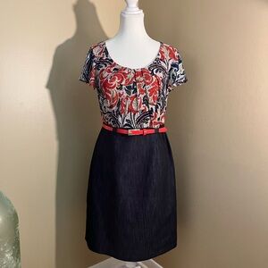 ALYX Dress Paisley‎ Print & Denim Dress Cap Sleeve Size 6 Belted Red Orange Blue